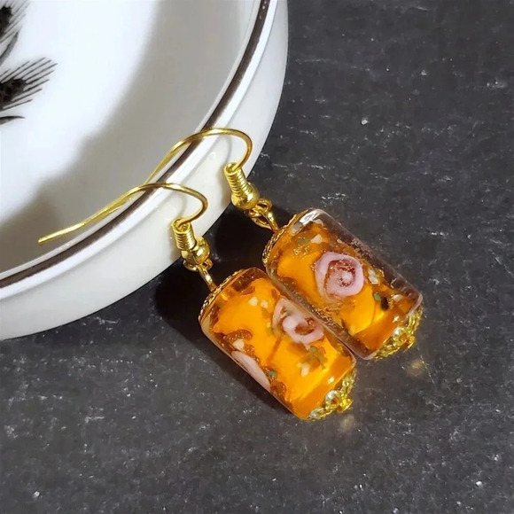 Orange Murano Lampwork Glass Flower Inside Vintage Beads Round Tube Earrings - Picture 9 of 11